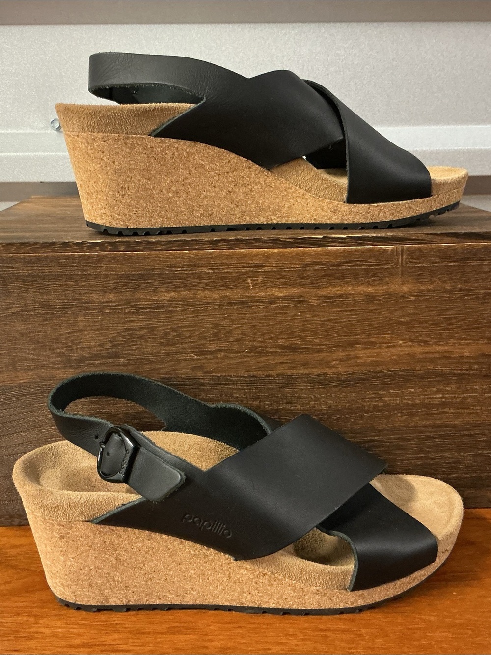 Birkenstock Papillio Women Samira Black Leather Wedge Heel Sandal Size 7 - Picture 4 of 7